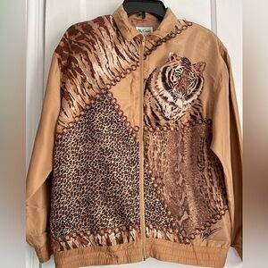 Oleg Cassini Silk Animal Print Bomper Jacket Size: Small